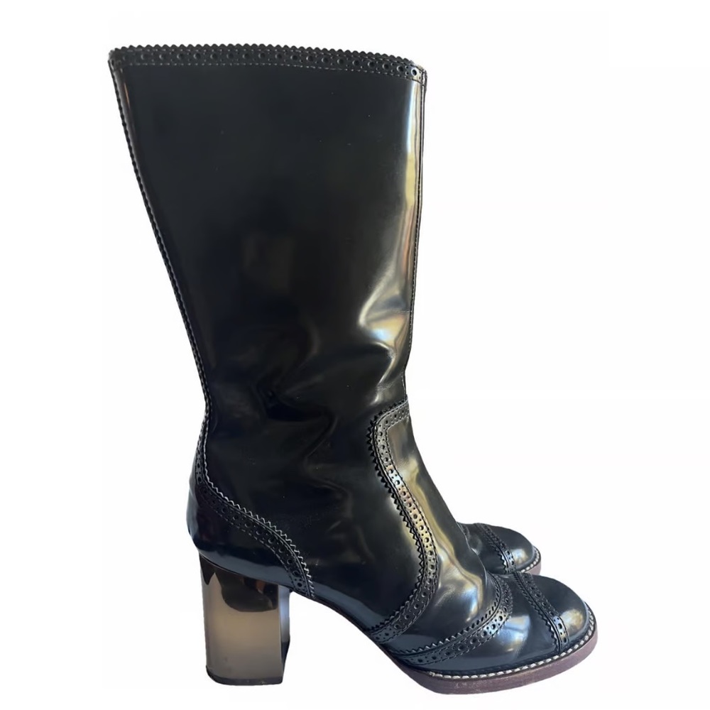 Dolce and Gabbana Deep Green Brogue Leather Mid Calf Block Heel Boots